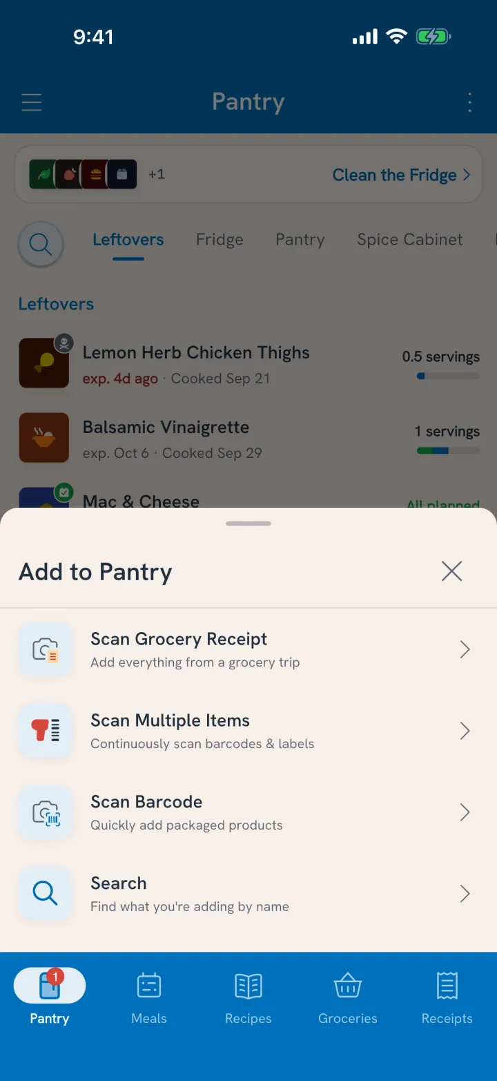 Add to Pantry: Scan Grocery Receipt, Scan Multiple Items, Scan Barcode, or Search