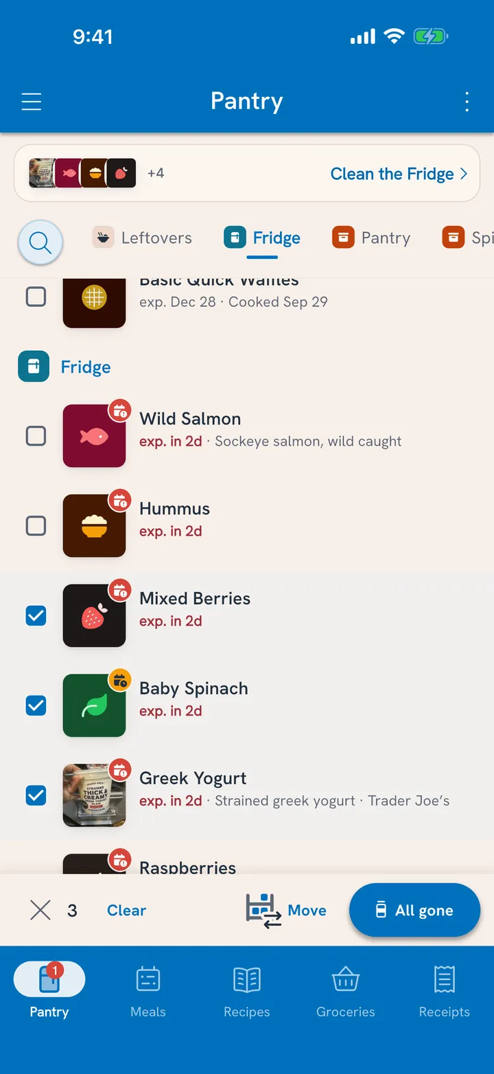 Three pantry items checked, with Move and All gone in the bar at the bottom