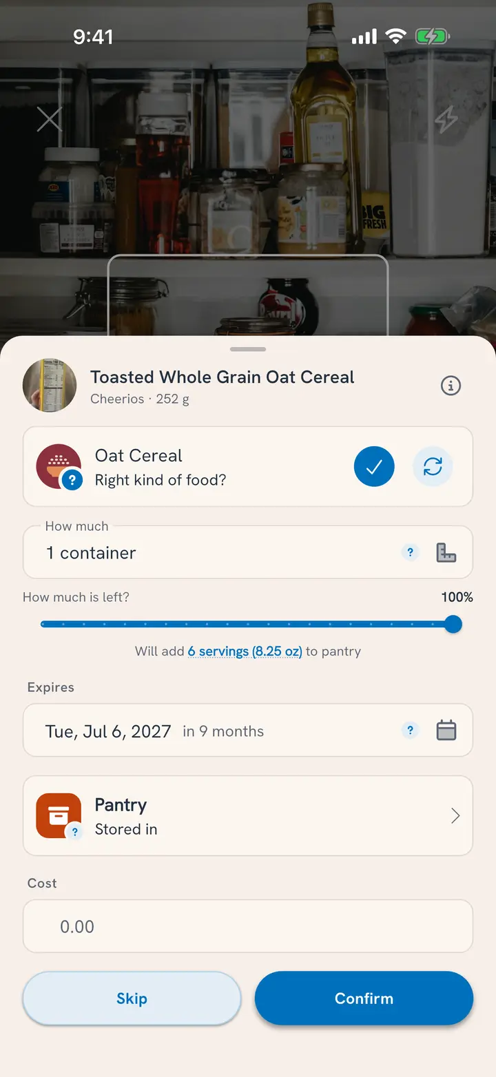 A packaged food in Scan Multiple Items: a box of Cheerios oat cereal, how much is left, its expiration date, Pantry shelf, and Skip or Confirm
