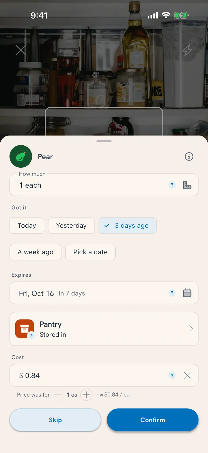 A loose food in Scan Multiple Items: one pear, got it 3 days ago, so it expires Oct 16, at $0.84
