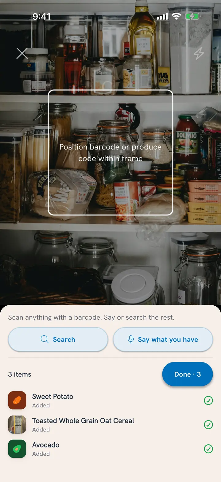 Scan Multiple Items in front of the pantry shelves: Search and Say what you have below the scanner, and three foods just added