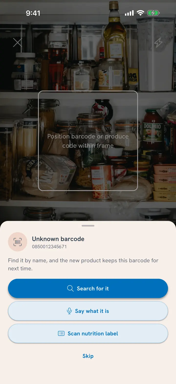 Unknown barcode card over the pantry shelves, with three ways forward: Search for it, Say what it is, or Scan nutrition label