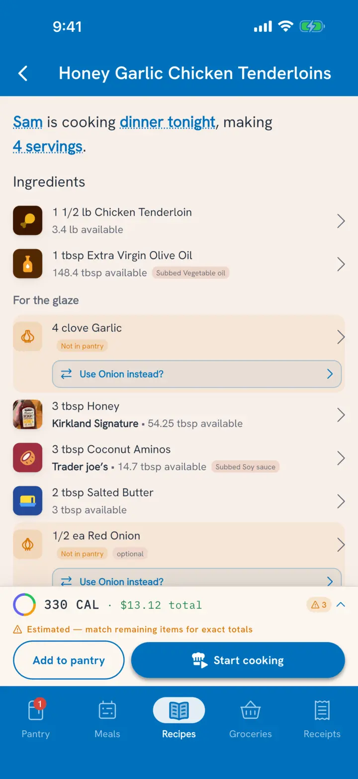 Cook screen: Sam is cooking dinner tonight, making 4 servings, with each ingredient drawn from the pantry and two swaps applied