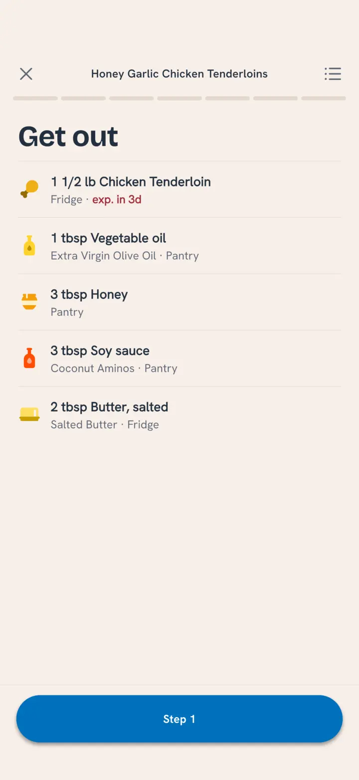 Get out before step 1: chicken tenderloin from the fridge expiring in 3 days, olive oil, honey, coconut aminos and butter with their shelves