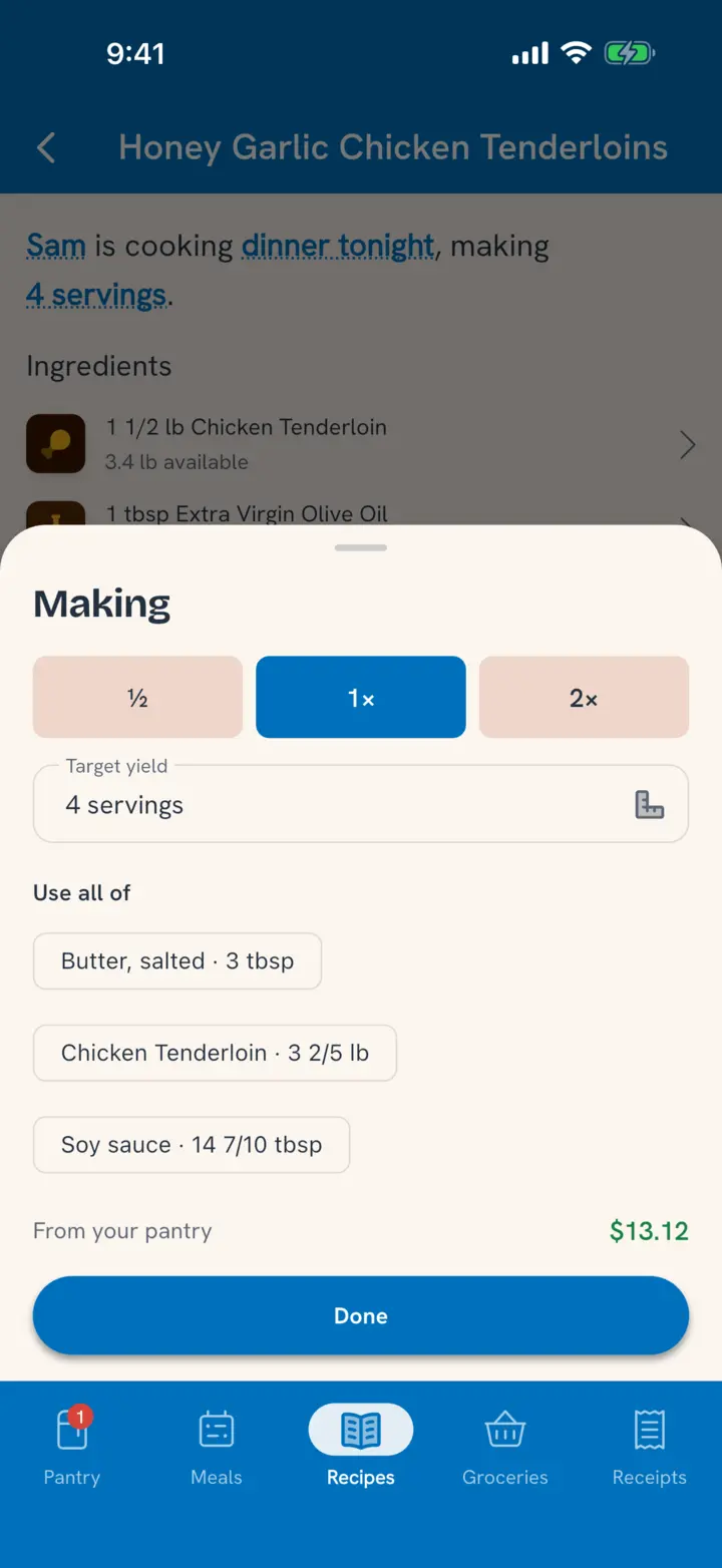 Making sheet: half, 1x or 2x, a target yield of 4 servings, Use all of chips, and $13.12 from your pantry