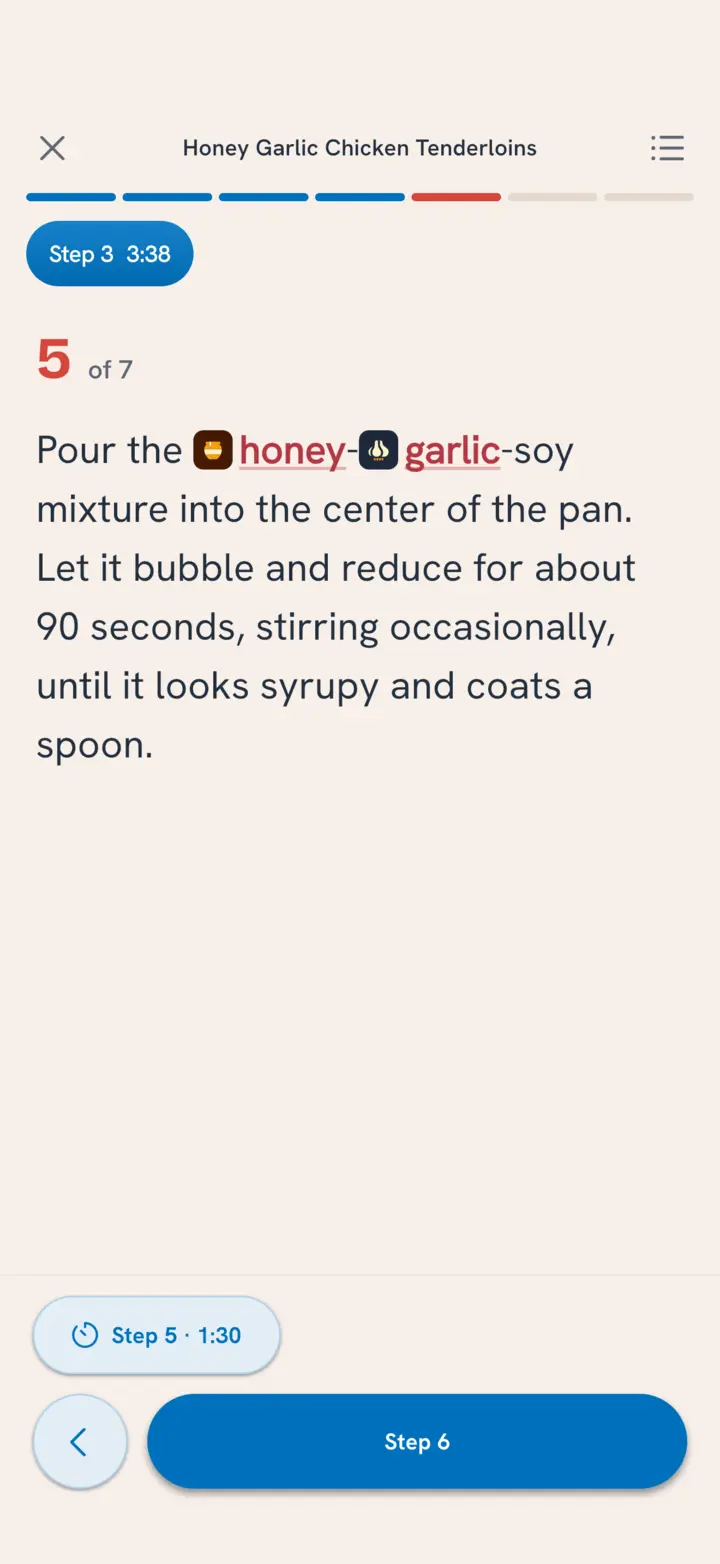 Step 5 of 7 with honey and garlic marked in the text, a Step 3 timer running at the top and a Step 5 timer button