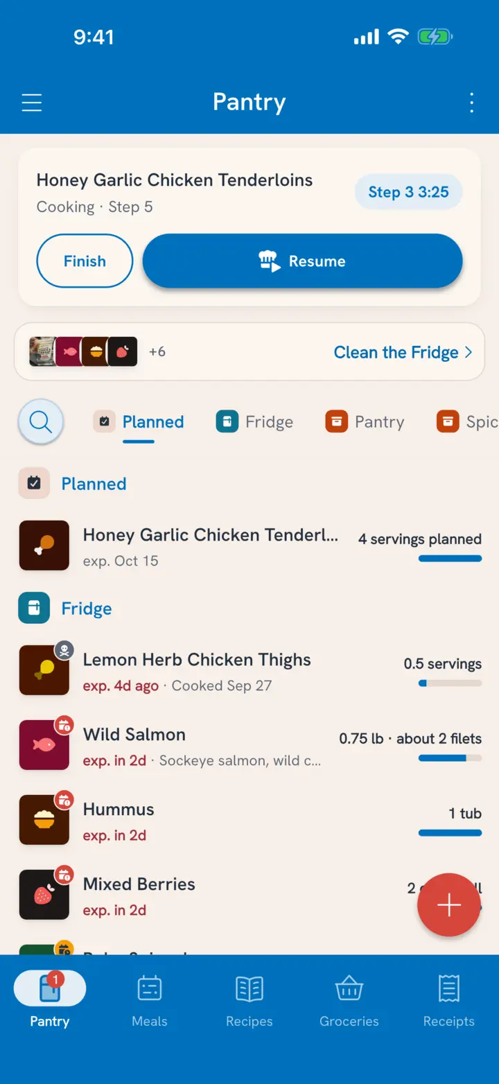 Pantry tab card: Honey Garlic Chicken Tenderloins, Cooking, Step 5, a Step 3 timer still running, with Finish and Resume
