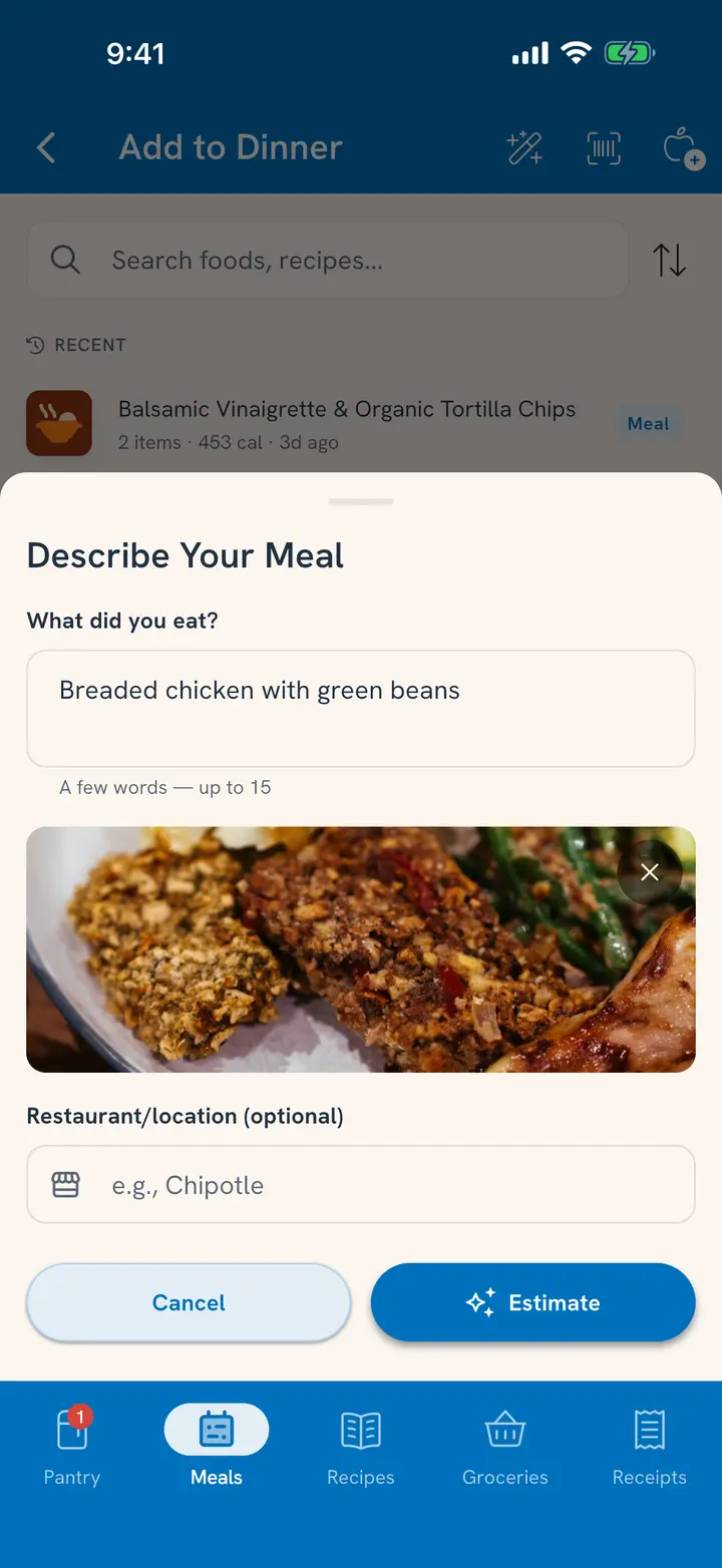 Describe Your Meal with a photo of the plate attached: breaded chicken with green beans, ready to Estimate