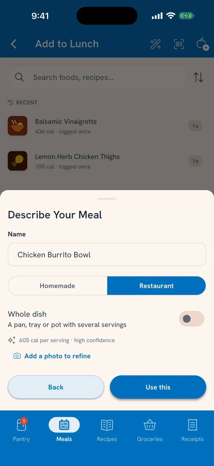 Describe Your Meal for a restaurant Chicken Burrito Bowl: 605 cal per serving, high confidence