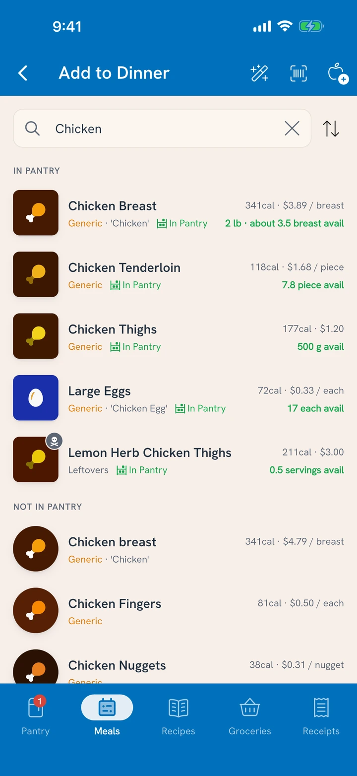 Searching chicken: what's in the pantry first, then generic foods from the catalog