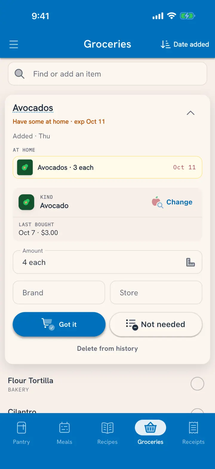 Avocados opened in place on the grocery list: 3 at home expiring Oct 11, last bought Oct 7 for $3.00, with Got it and Not needed