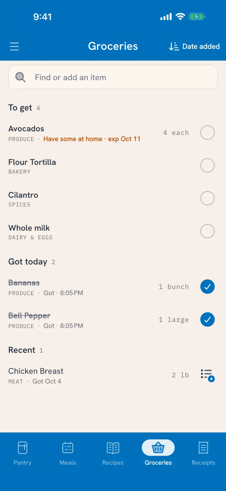 Grocery list: To get with Avocados marked Have some at home, Got today with bananas and a bell pepper checked off, and Recent below