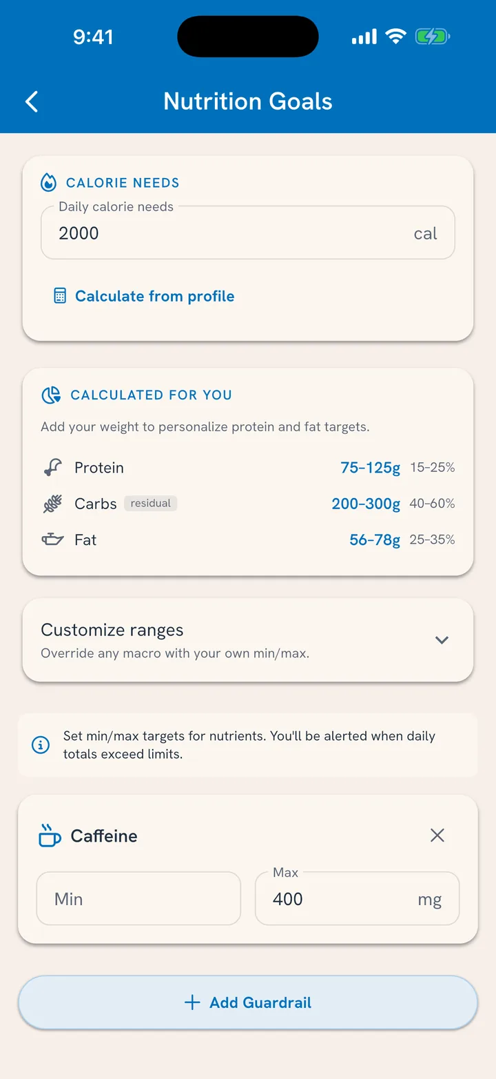 Nutrition Goals: calculated protein, carbs and fat ranges, plus a caffeine guardrail capped at 400 mg