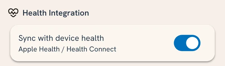 Health Integration in Settings: Sync with device health turned on for Apple Health and Health Connect