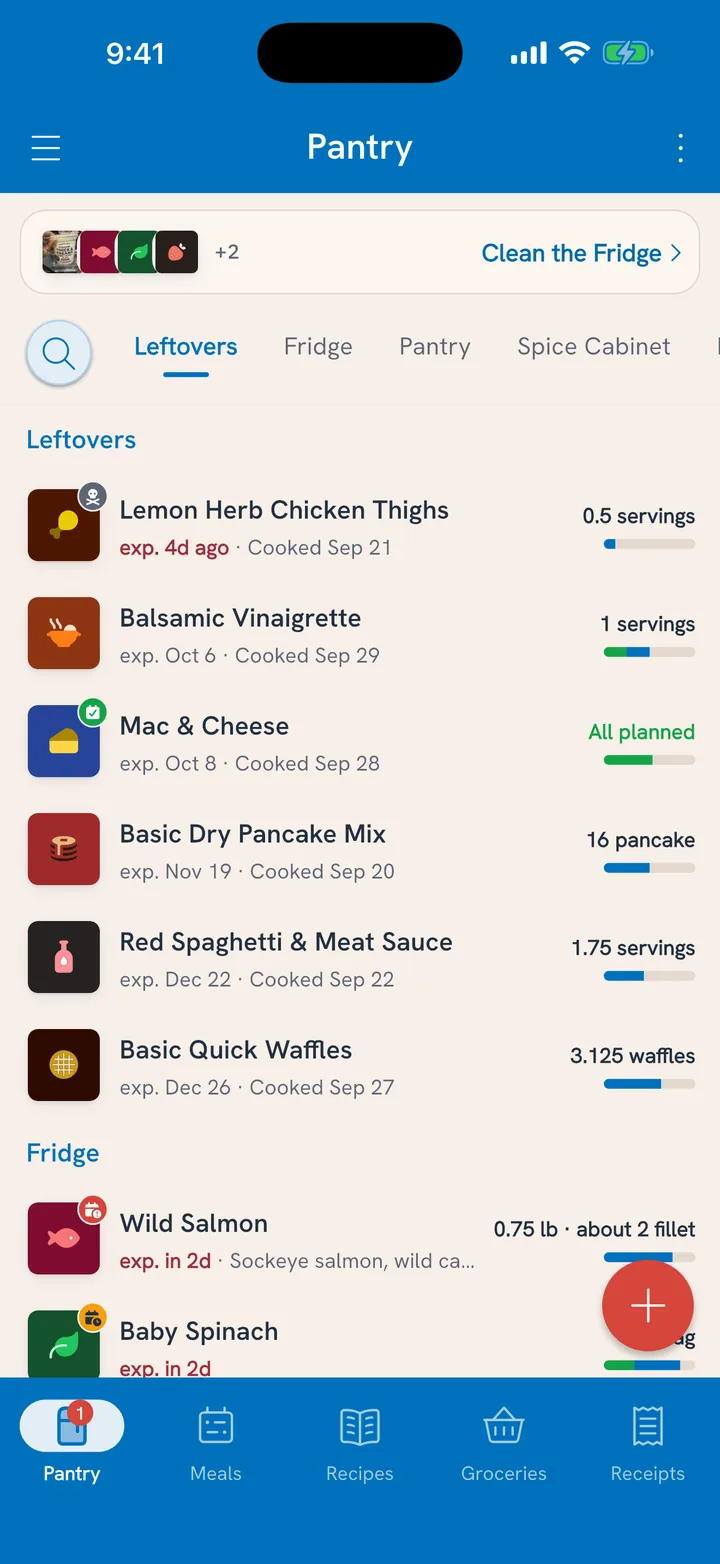 The Leftovers section: each dish with its own date and what is left