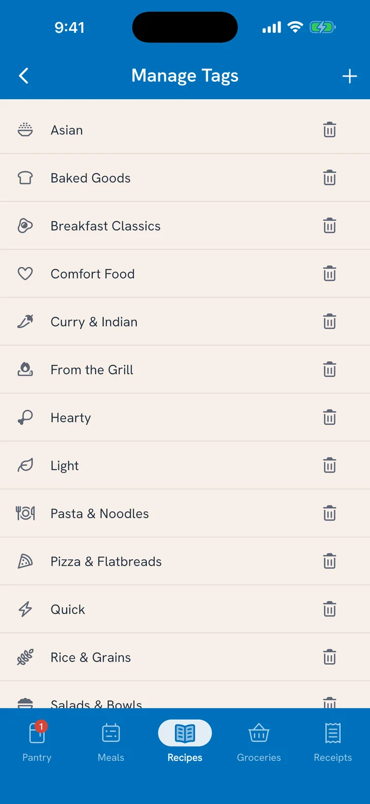 Manage Tags for recipes: Asian, Baked Goods, Comfort Food, Quick and more, each with its own icon