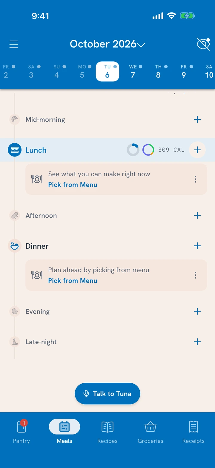 Today's timeline from mid-morning to late night, with the current meal time, Lunch, highlighted