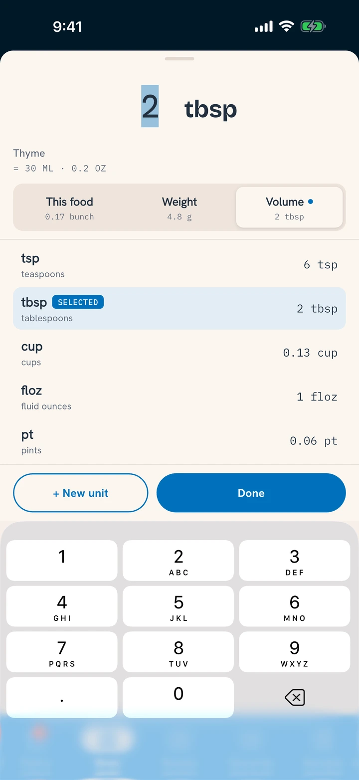The amount sheet for thyme: 2 tbsp, with This food, Weight and Volume one tap apart
