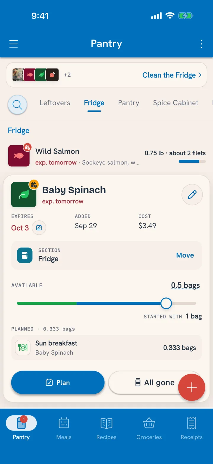 A pantry card: started with 1 bag, 0.5 bags available, 0.333 bags planned for breakfast