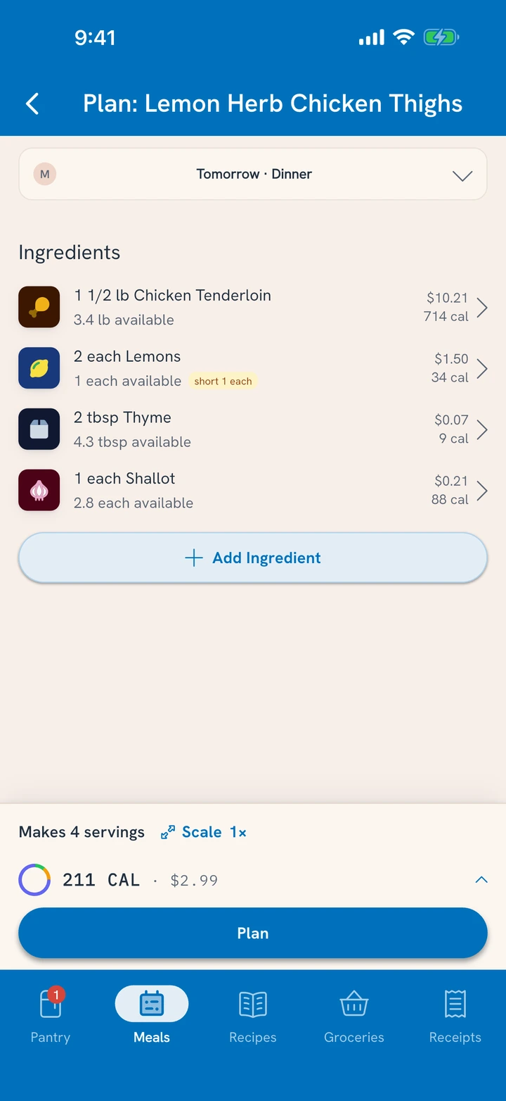 Planning tomorrow's dinner from a saved recipe: each ingredient shows what's available, and one lemon is short