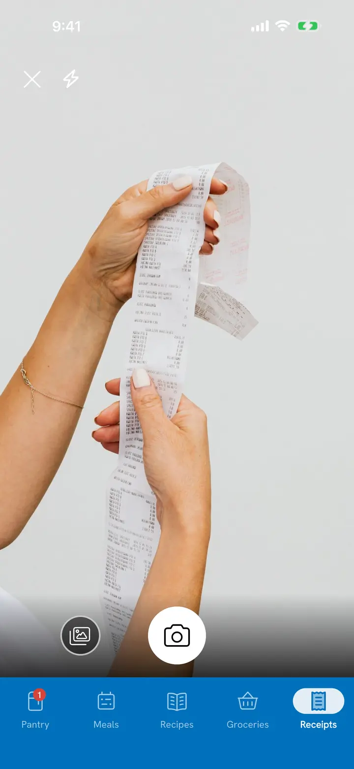 Scan Receipt: a long grocery receipt held up in front of the camera, ready to photograph the whole shop