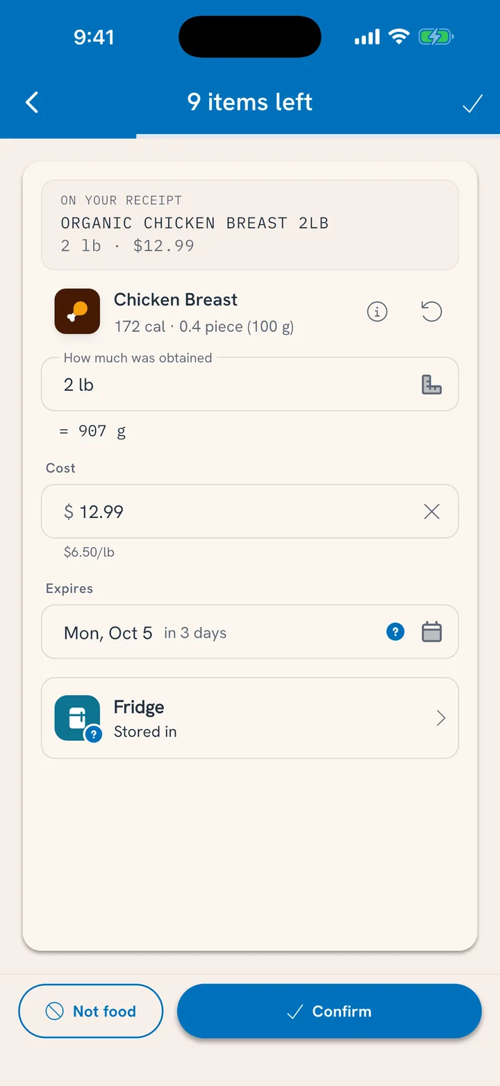 Receipt review: Organic Chicken Breast 2 lb, $12.99, added to the pantry as Chicken Breast