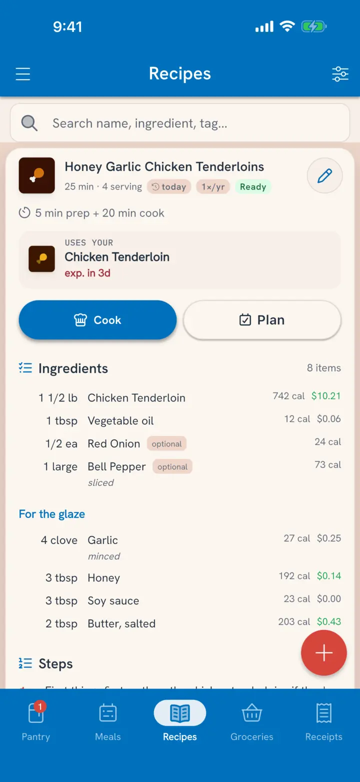 Honey Garlic Chicken Tenderloins opened as a card in the recipe list: uses your chicken tenderloin expiring in 3 days, with Cook and Plan