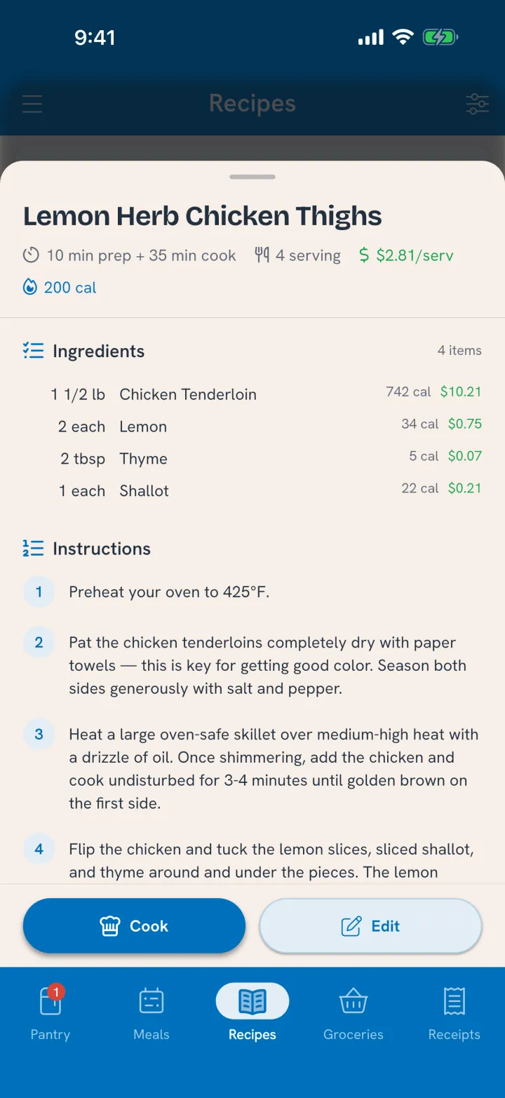 Lemon Herb Chicken Thighs recipe: four ingredients with calories and cost, $2.81 per serving, and a Cook button