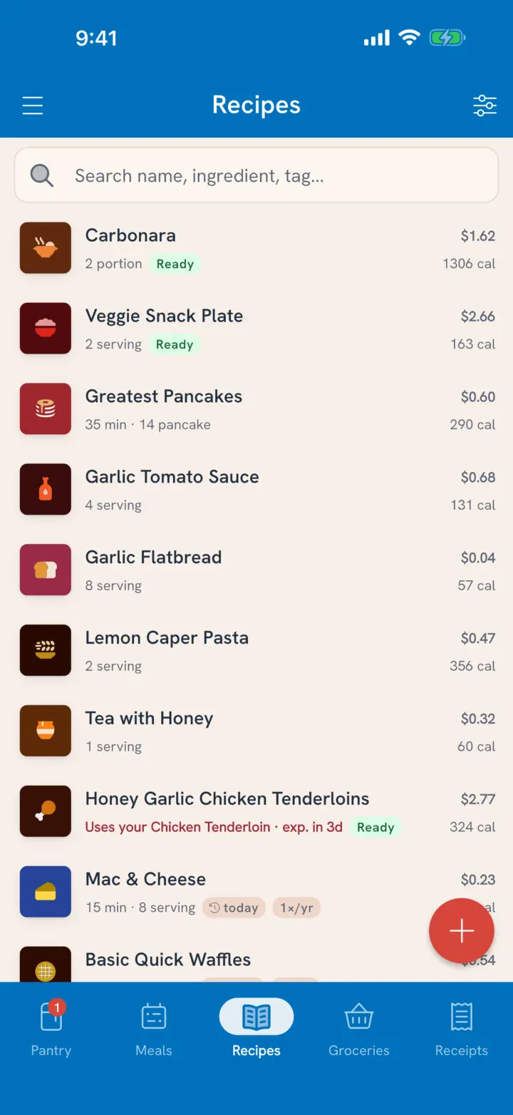 The recipe list with costs and calories, a Ready badge, and Uses your Chicken Tenderloin exp. in 3d on one recipe