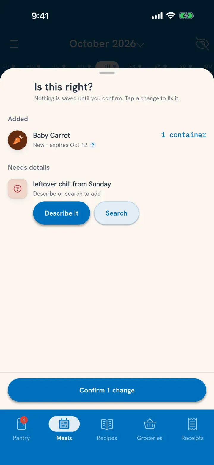 A Needs details row for leftover chili from Sunday, with Describe it and Search buttons, under a baby carrots add
