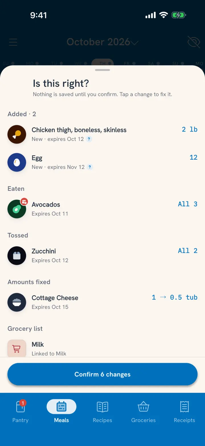 Is this right? One spoken sentence becomes six pantry changes: chicken thighs and eggs added, avocados eaten, zucchini tossed, milk on the grocery list