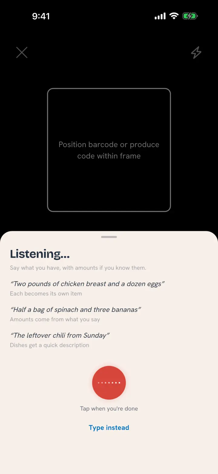 Say what you have from Scan Multiple Items, listening, with examples like two pounds of chicken breast and a dozen eggs